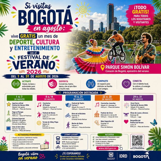 Festival de Verano 2026: Bogotá se llena de deporte, cultura y entretenimiento gratuito durante agosto